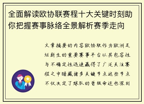 全面解读欧协联赛程十大关键时刻助你把握赛事脉络全景解析赛季走向