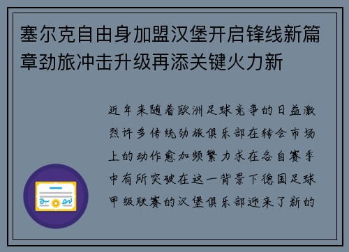 塞尔克自由身加盟汉堡开启锋线新篇章劲旅冲击升级再添关键火力新