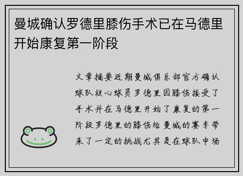 曼城确认罗德里膝伤手术已在马德里开始康复第一阶段 曼城确认罗德里膝伤手术已在马德里开始康复第一阶段